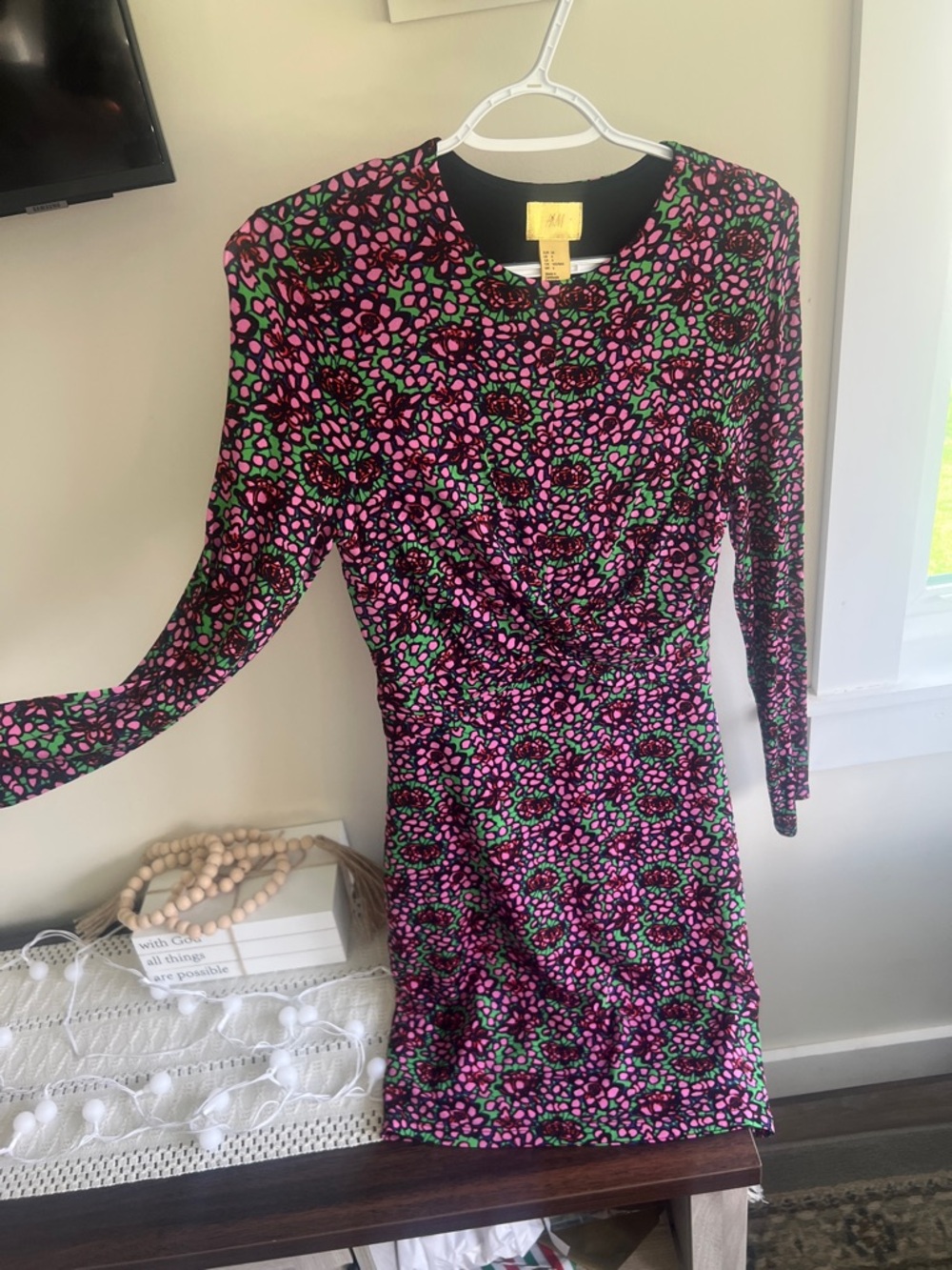 H&M Black, Pink & Green Floral Twist-Front Long Sleeve Dress